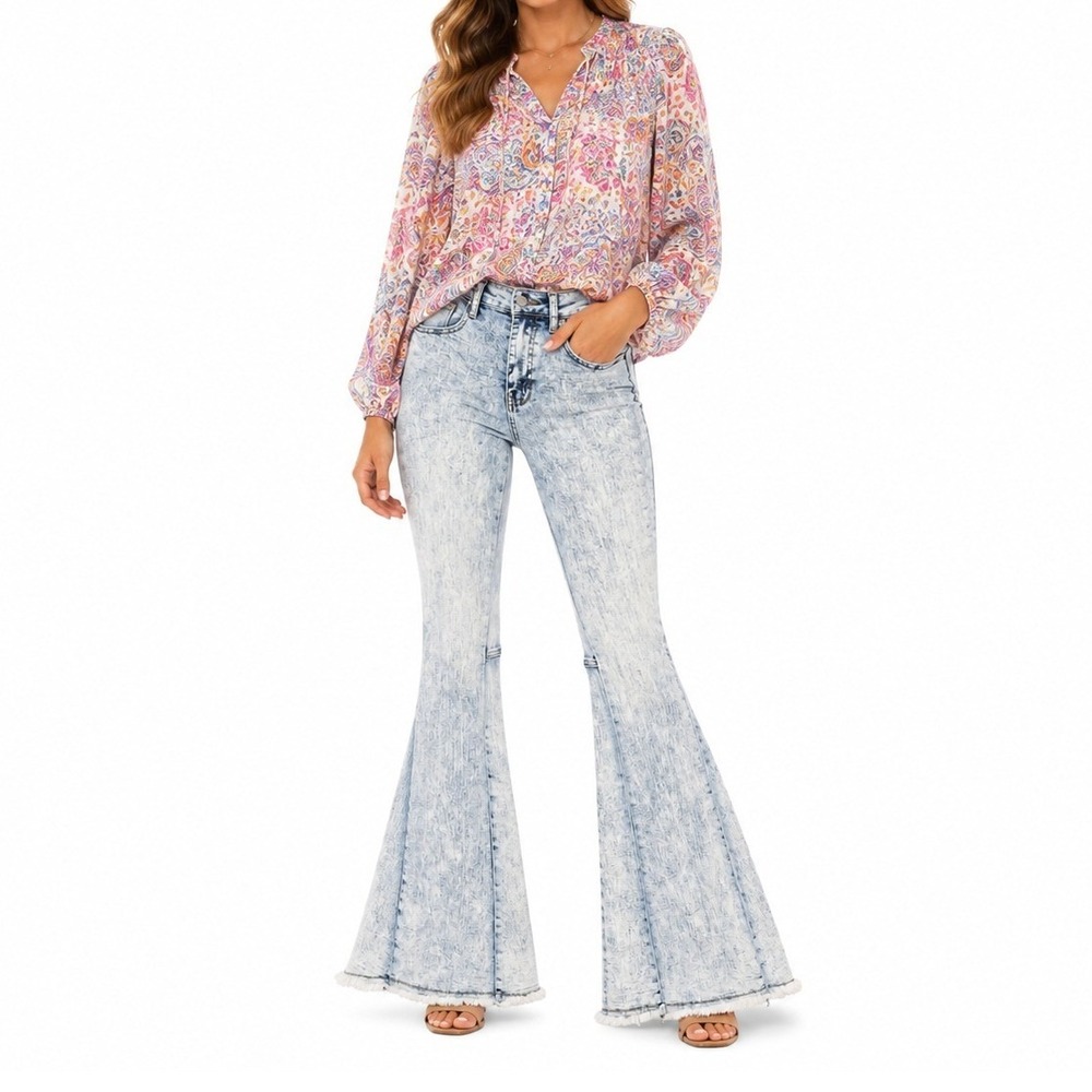 Altar'd State Bell Bottom Jeans Women Size S Blue Acid Wash Boho Flare Stretch